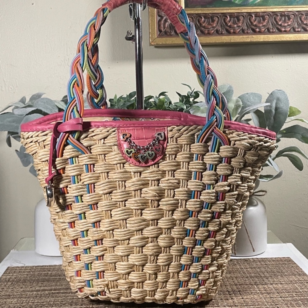 Brighton Vienna Straw Pink Leather Trim Tote